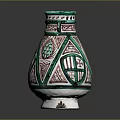 Hand Carved Ceramic Vase With Green Red Decorations Geometric Patterns Grape Motifs And Two Handles