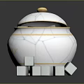 White Decorative Jar With Gold Trim Lid And Gray Cubes For Home Use