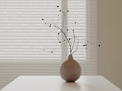 Ceramic Vase Decorated With Twigs And Black Berries On White Table With Window Blinds Background 3d model