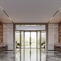 Modern Reception Area With Front Desk Wooden Grilles Marble Floor And Natural Light