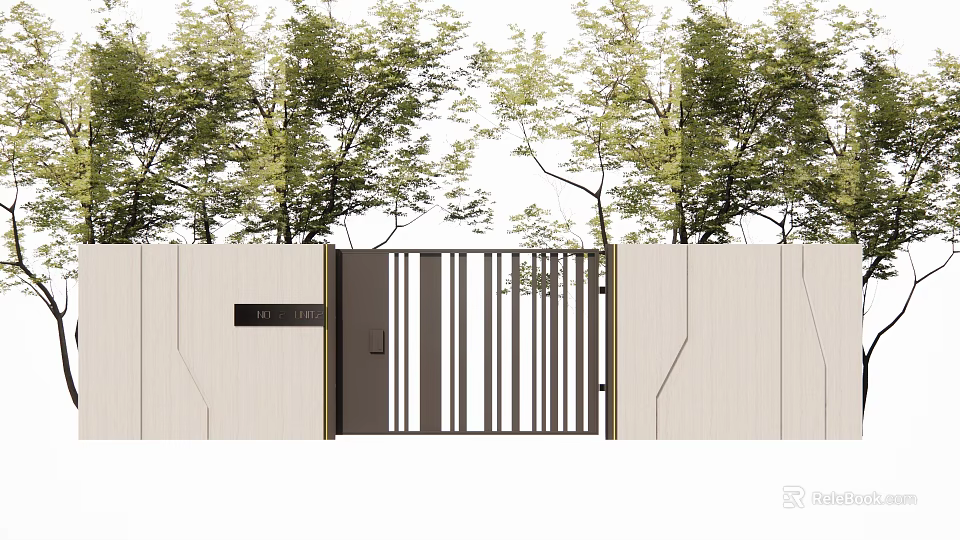 Garden Courtyard Entrance With Metal Gate Vertical Slats And Lush Trees 3d model 