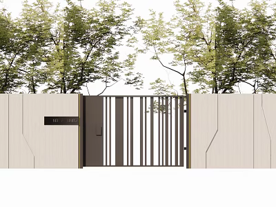Garden Courtyard Entrance With Metal Gate Vertical Slats And Lush Trees 3d model