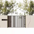 Garden Courtyard Entrance With Metal Gate Vertical Slats And Lush Trees