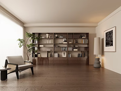 Modern Minimalist Study Room Interior With Shelves Books Decorations Armchair Floor Lamp And Plant 3d model