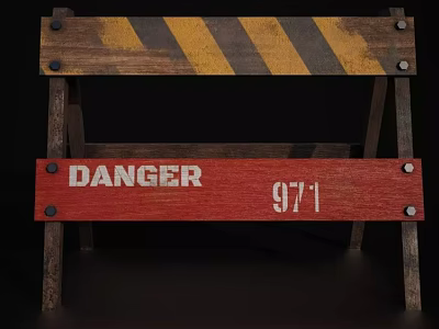 Wooden Danger Sign With Yellow Black Stripes And Number 971 On Dark Background 3d model