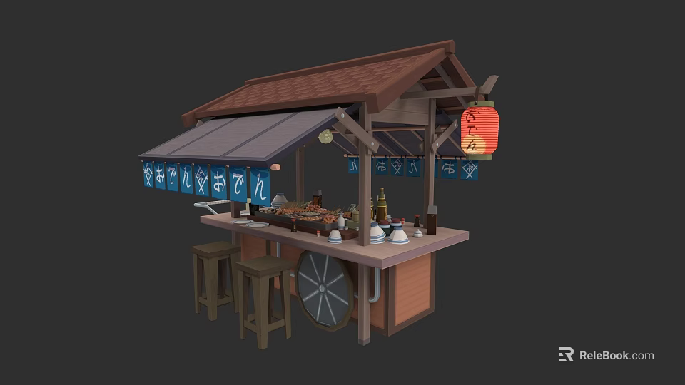 Traditional Japanese Food Stall with Traditional Roof Red Lantern Fresh Sushi Dishes and Wooden Stools 3d model 