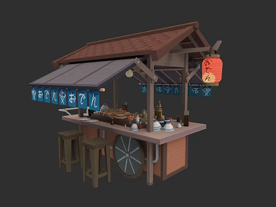 Traditional Japanese Food Stall with Traditional Roof Red Lantern Fresh Sushi Dishes and Wooden Stools 3d model