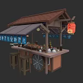 Traditional Japanese Food Stall with Traditional Roof Red Lantern Fresh Sushi Dishes and Wooden Stools