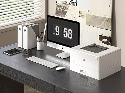 Modern Office Desk Setup With Computer Monitor Printer Keyboard And Stationery Items 3d model