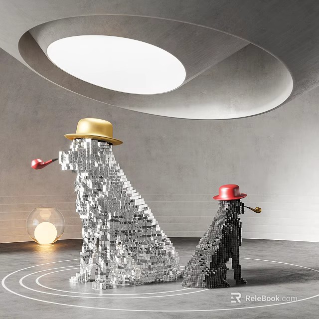 Sculpture Carving Of Metal Blocks With Golden Red Hats And Colored Pipes In Gray Room 3d model 