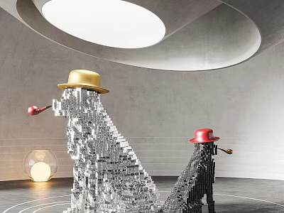 Sculpture Carving Of Metal Blocks With Golden Red Hats And Colored Pipes In Gray Room 3d model