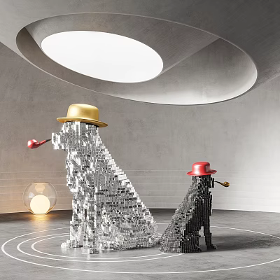 Sculpture Carving Of Metal Blocks With Golden Red Hats And Colored Pipes In Gray Room 3d model