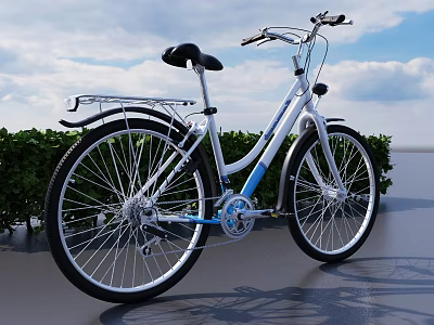 White And Blue Bicycle Parked By Green Bushes Under Blue Sky With Clouds 3d model