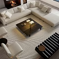 Modern L shaped Sofa And Wooden Coffee Table Set With Pillows In Living Room