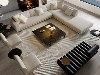 Modern L shaped Sofa And Wooden Coffee Table Set With Pillows In Living Room 3d model