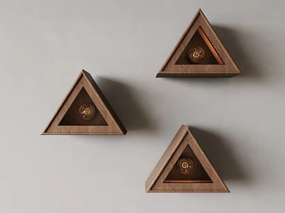Three Triangular Wooden Wall Lamps with Decorative Design Mounted On Wall 3d model