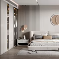 Modern Bedroom Interior With Comfortable Bed Headboard Bedside Tables Circular Mirrors And Window Curtains 3d model