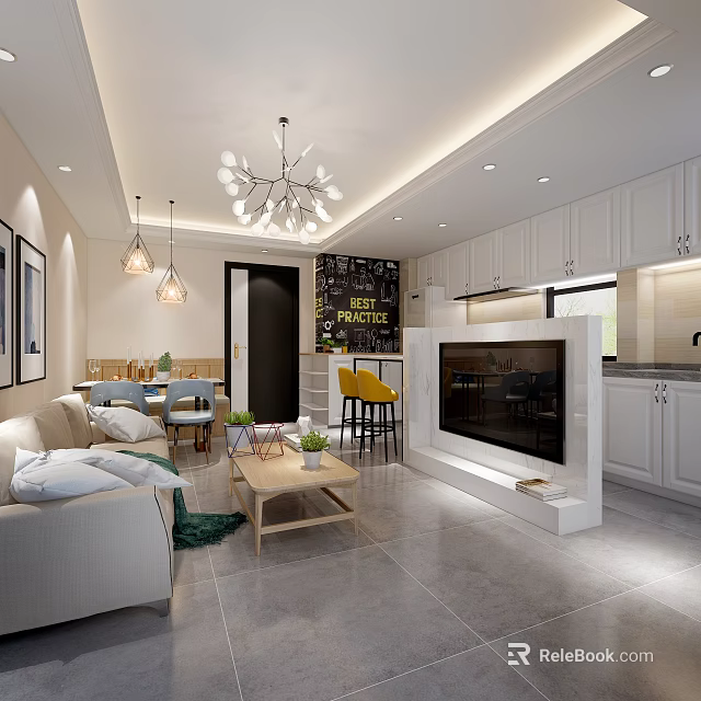 Modern Living And Dining Room Interior With Beige Sofa Coffee Table TV Wall And Chandelier 3d model 