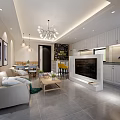 Modern Living And Dining Room Interior With Beige Sofa Coffee Table TV Wall And Chandelier