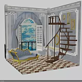 Classical Interior With Spiral Staircase Yellow Frame Sofa Window Curtains Checkerboard Floor And Decorative Paintings