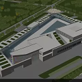 Modern Industrial Factory Building With Green Roof Surrounding Trees Roads And Parking Area
