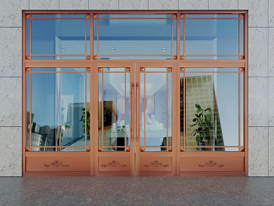 Copper Entrance Door with Glass Panels and Ornate Details in Stone Wall Surrounding 3d model