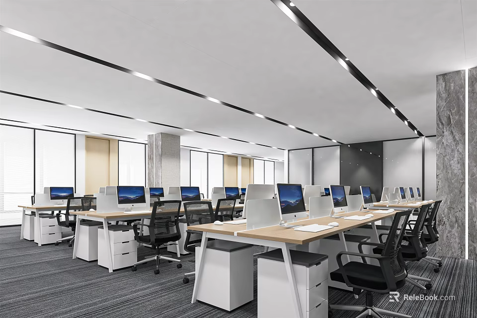 Modern Public Office Space Interior With Desks Computers Office Chairs And Large Windows 3d model