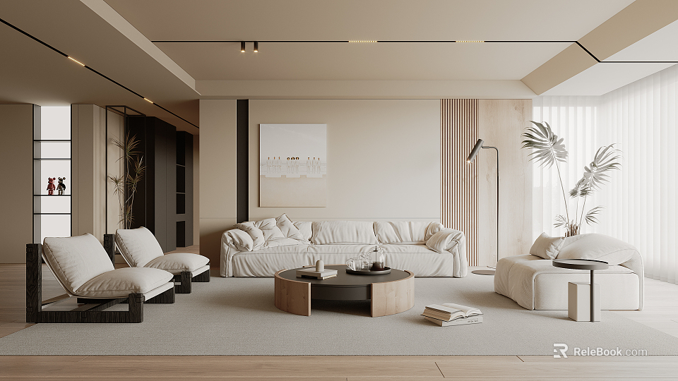 Modern Living Room Interior With Beige Sofa Wooden Coffee Table Decorative Artwork And Floor Lamp 3d model 