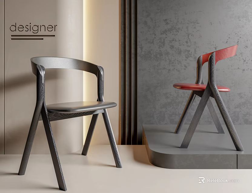 Designer Modern Dining Chairs In Gray And Red With Curved Backrest Design 3d model