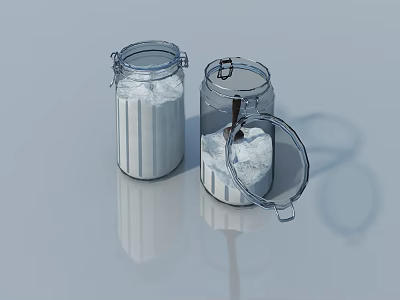 Public Facilities Transparent Glass Storage Jars With Metal Clasp Lids And Spoon For White Powder 3d model