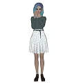 Woman With Blue Purple Hair Wearing Green Long Sleeve Top And White Polka Dot Skirt