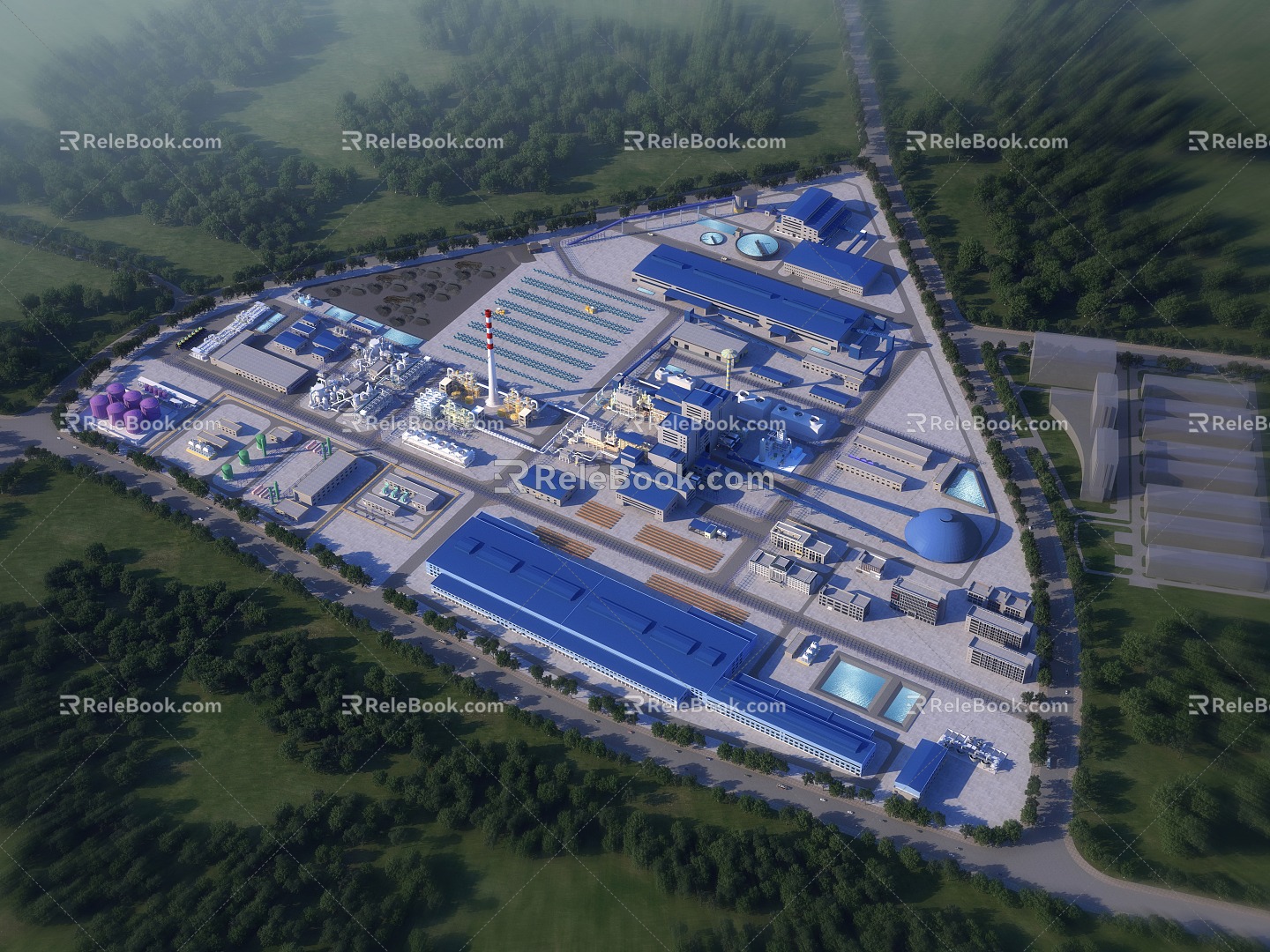 A bird's-eye view of the copper factory area of modern factory building 3d model