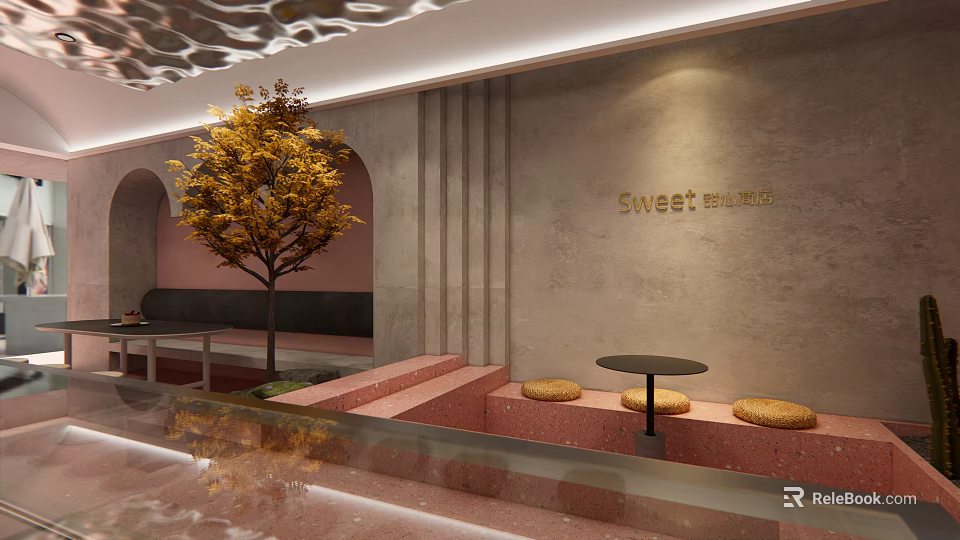 Sweet Studio Dessert Shop Interior With Golden Tree Arched Doorway Pink Steps And Round Table 3d model 