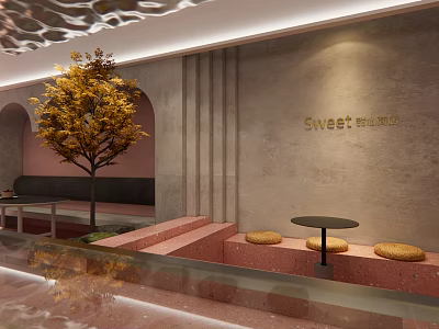 Sweet Studio Dessert Shop Interior With Golden Tree Arched Doorway Pink Steps And Round Table 3d model