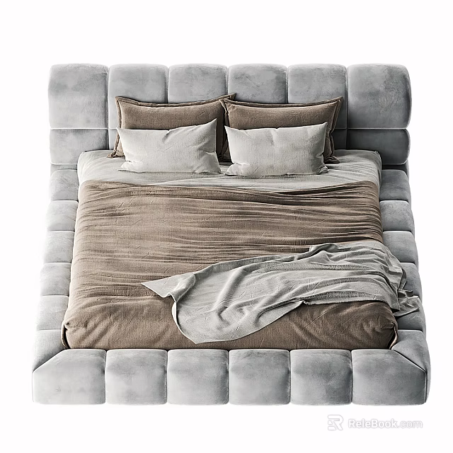 Modern Double Bed with Light Gray Upholstered Headboard Brown Comforter Gray Blanket and Pillows 3d model 