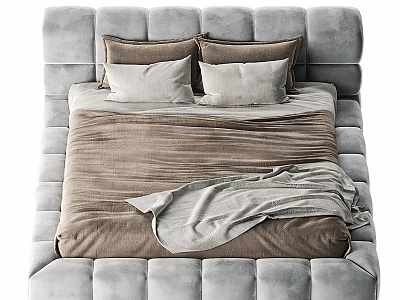 Modern Double Bed with Light Gray Upholstered Headboard Brown Comforter Gray Blanket and Pillows 3d model