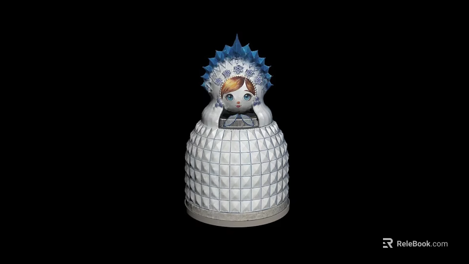 Ceramic Decorative Doll With Blue Spiked Headdress And White Quilted Body 3d model 