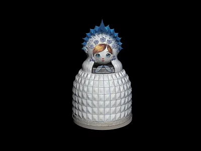 Ceramic Decorative Doll With Blue Spiked Headdress And White Quilted Body 3d model