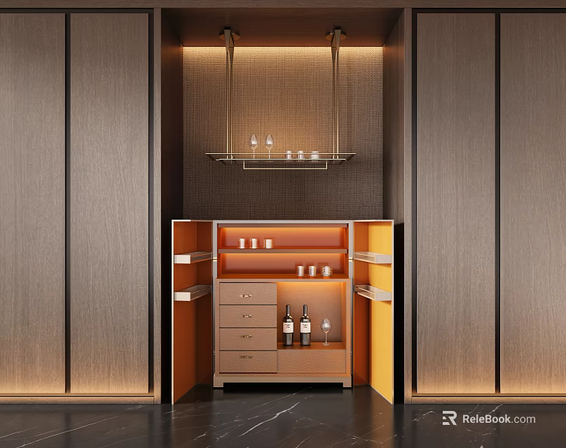 Modern Built in Wine Cabinet With Wooden Interior Shelves And Warm Lighting 3d model 