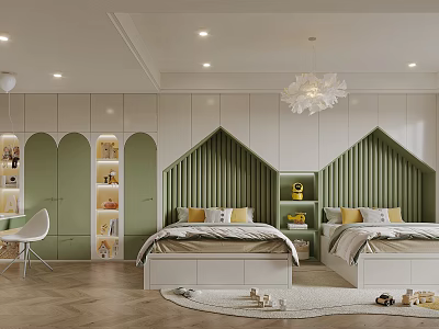 Kids Room Interior Design With Two White Beds Green Arched Headboards Green Cabinets And Wooden Floor 3d model