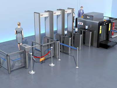 Public Facility Security Checkpoint With Metal Detectors Scanners Staff And Barriers 3d model