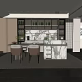 Modern Restaurant Interior Design With Marble Island Beige Chairs And Wine Cabinets Green Plants