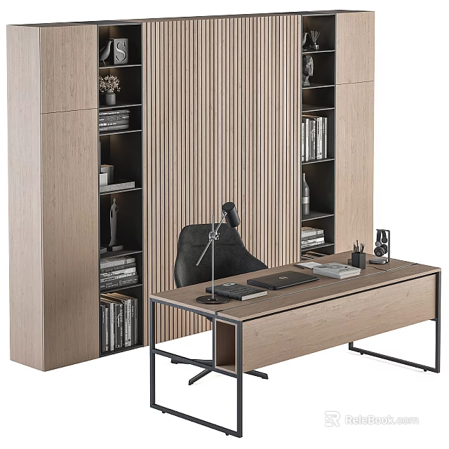 Modern Office Desk With Black Chair Bookshelves And Decorative Items 3d model 