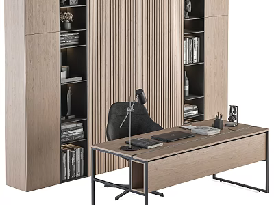 Modern Office Desk With Black Chair Bookshelves And Decorative Items 3d model