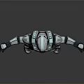 Futuristic Warrior in Silver Black Armor with Green Visor Standing Arms Outstretched