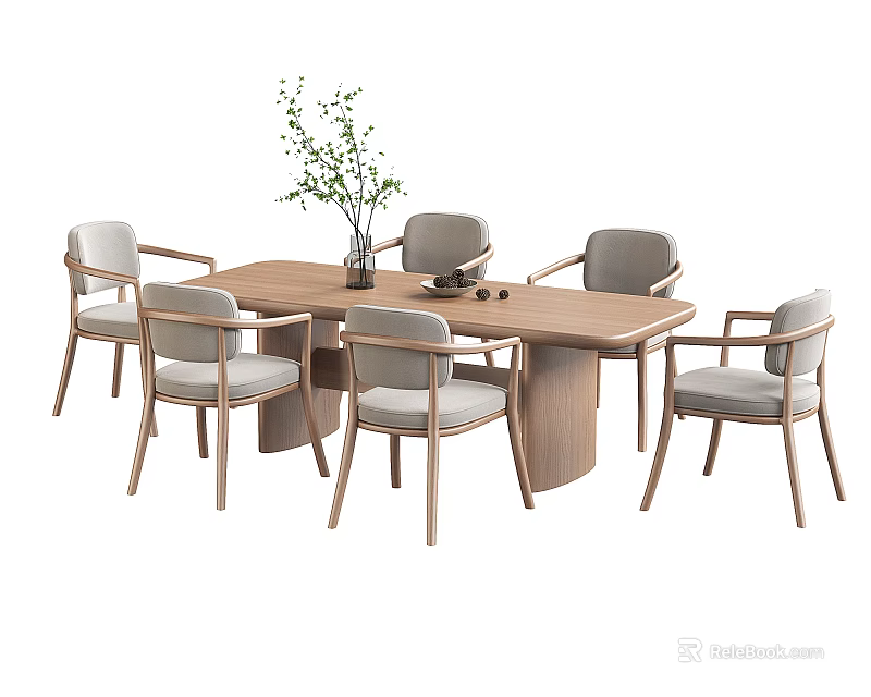 Modern Rectangular Wooden Dining Table Set with Six Light Gray Cushioned Chairs and Potted Plant 3d model 