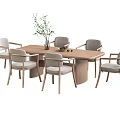 Modern Rectangular Wooden Dining Table Set with Six Light Gray Cushioned Chairs and Potted Plant