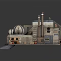 Detailed Cartoon Industrial Scene With Domed Buildings Chimneys Staircases And Red Barrels