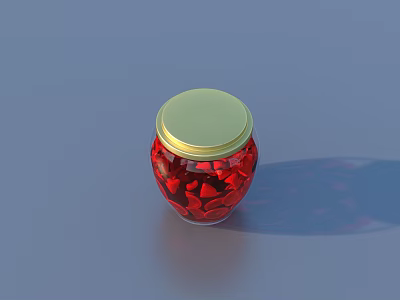 Delicious Red Snacks Stored in Red Glass Jar With Golden Lid Against Blue Background 3d model