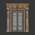 Classical Wooden Double Doors With Carved Decorations Columns And Ornate Top Ornamentation